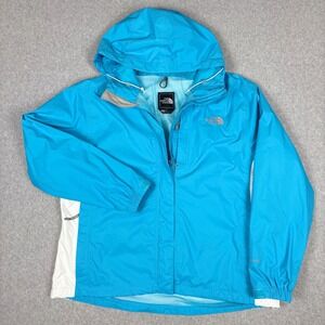 The North Face HyVent Rain Jacket Womens XL Blue White Colorblock Hooded Shell